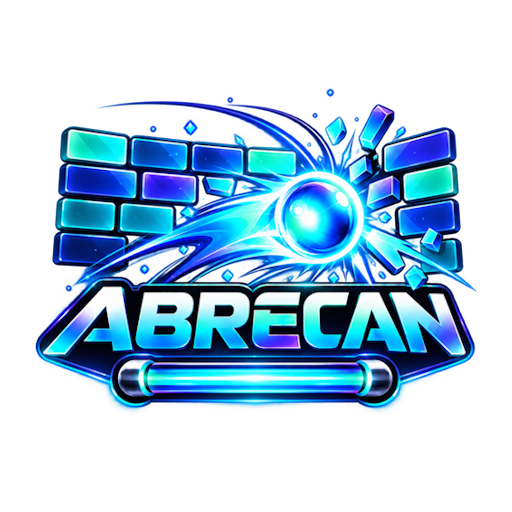 Abrecan logo featuring a glowing blue ball breaking through neon bricks